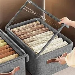 Shisa & Co 26L Fabric Storage Box with Lid & Handle – Foldable Canvas Wardrobe Organizer, Stackable Steel Frame Storage Bin for Clothes, Toys, Blankets, Sarees & Home Use (Dustproof, Grey)-picture-17