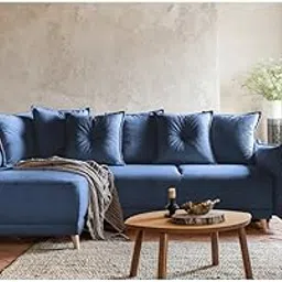 HAVEN CRAFT - Modern L-Shaped Sectional Sofa Velvet Fabric Upholstery, Tufted Cushions, Wooden Legs Right-Hand Side Chaise Configuration Sofa for Living Room, Bedroom, Hallway (Blue)-picture-20