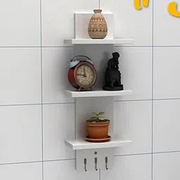 flux Wooden Wall Shelves for Living Room Home Decor Items Floating Book Rack for Study Room, Office, Kitchen Mounted Shelves Vertical Design for Living Room (Three Tier Shelf Small with Hook, White)-image-56
