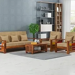 FURNESHO Sheesham Wood 5 Seater Sofa Set for Living Room Bedroom Home Office Hotel | Wooden Five Seater (3+1+1) Sofa Set | Natural Finish-image-0