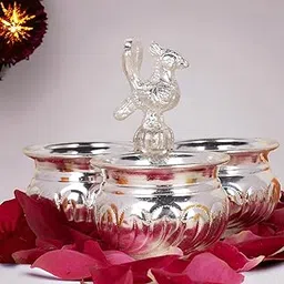 Sigaram German Silver 4x3 Inch Peacock Handle Peacock Handle Panchwala Kum Kum Bharani for Home Pooja Decor K2569 image 1