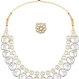 zaveri pearls Gold Tone Dazzling Kundan Statement Necklace Earring & Ring Set For Women-ZPFK15659-picture-32