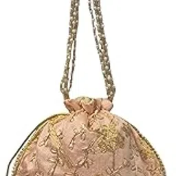 Designer Embroidered Potli Bag for Women | Peach Wedding Potli with Golden Bead Handle | Ethnic Bridal Party Purse | Traditional Drawstring Pouch for Festive & Casual Occasions-image-85