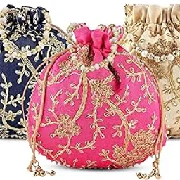 kuber industries Pack of 3 Potli Bags for Ladies & Girls | Shagun Pouches for Festive Seasons | Embroidery Bridal Purse -Dark Blue, Cream & Pink-picture-21