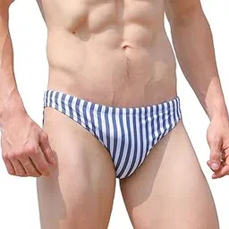 yuzhou Mens Swim Briefs Bikini Swimwear Sexy Bathing Suit Striped Boardshorts Stretch Swimsuit Quick Dry (2111-Dusty Blue Striped 1-M) image 1