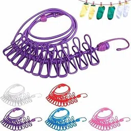 SKYZONE EXPORT Cloth Drying Rope with 12 Clips & 2 Hooks | Kapde Sukhane Ki Rassi Dori Wire | Stretchable Elastic Portable Cloth Dryer Clothesline for Laundry Drying Balcony Home Outdoor Travel (1pcs)-picture-25