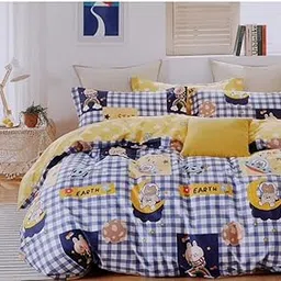 RIFTREE Kids Favourite Character Glace Cotton Digital Print 1 Single bedsheet with 1 Pillow Cover for Kids Room - MULTIBLUE Check Earth image 1