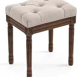 LUE BONA Upholstered Fabric Vanity Bench Seat, Makeup Stools for Vanity, Square Tufted Ottoman Bench with Carved Dark Brown Legs for Bedroom Living Room, Linen Color-image-36