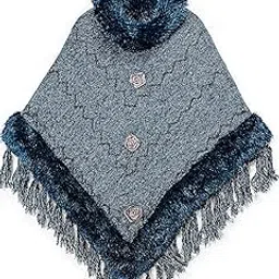 Warm ponchu for girls and women blue colour decorated with small pearls and ribbon flower and fur on neck and border-image-8