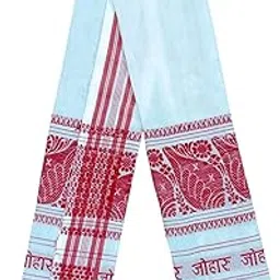 Traditional Assam Gamcha, White and Red Cotton Scarf with Floral Design and Tassels-image-4