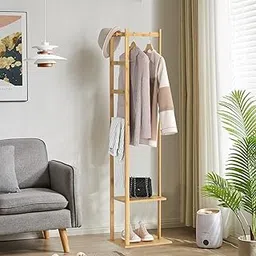 ADA Handicraft Multifunctional Clothes Hanging Stand with Trouser Pant Hanger, 2 Shelves & 2 Hooks Free Standing Bamboo Wooden Hanger Stand Corner Shelf Side Rack for Bedroom (38 X 30 X 160) CM-picture-26