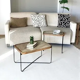 SHUBHARAMBH Modern Rattan Nesting Coffee Tables, Wooden Frame with Black Metal Base, Set of 2-picture-20