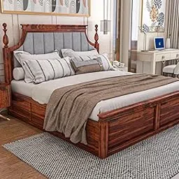 SABTA Craft Wooden King Size Bed with Storage | Double Bed Cot Bed with Box Storage & Grey Colour Upholstered Cushioned Headboard for Bedroom | Solid Wood Sheesham, Honey Finish-picture-12