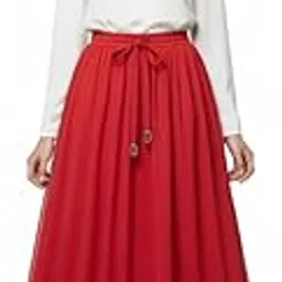 Women's Elegant Red Chiffon Maxi Skirt with Drawstring Waist, A-Line Pleated Design, Formal Wear Size Small and Medium Free Size-image-50