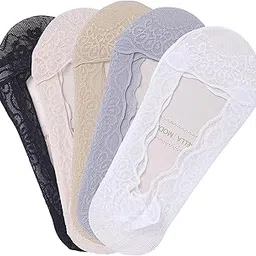 bella moda Women's Lace Casual No Show Non-skid Boat Socks Set of 5-picture-13