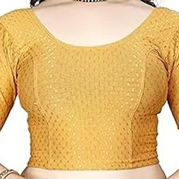 | Round Neck Dobby Cotton Lycra Stretchable Elbow Sleeve Readymade Saree Blouse for Women – Stylish Beige Gold-image-77