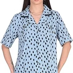 alzyva Women's Short Sleeve Button-Down Shirt Top, Light Blue with Black Print, Collared Blouse-picture-40