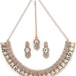 sukkhi Tasteful Rose Gold AD White Stones Collar Bone Necklace Set With Earring And Maangtika | Jewellery Set For Women (NS105619)-picture-14
