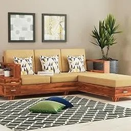 FURNESHO Solid Sheesham Wood L Shape 5 Seater Sofa Set for Living Room | Wooden Five Seater Sofa Set with Cushions | Honey Finish - Beige image 1