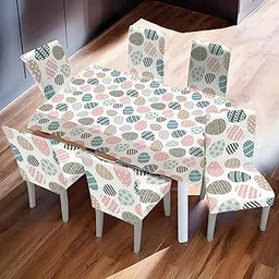 Kuber Industries Set of 7 Waterproof & Oil Repellent Dining Table Chair Cover 6 Seater Full Set | Washable & Dustproof Table & Seat Cover Protector Slipcover Cloth | Easter Egg Pattern-picture-28