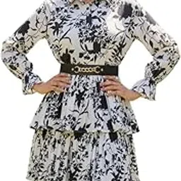 iqqa azzu fashions Floral Print Tiered Midi Dress, Long Sleeve, Black and White Pattern, Gold Buckle Belt-picture-32