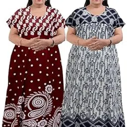 Plus Size Cotton, Nighty Printed Long Nightgown, Maroon and Black Pattern, Pack of 2-picture-31