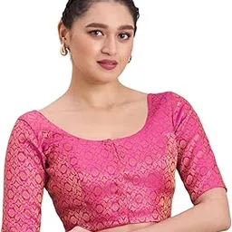 studio shringaar Women's Benaras Brocade Round Neck Readymade Saree Blouse-picture-38