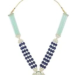 zaveri pearls Green Blue Stones & Multistrand Beaded Long Kundan Necklace & Earring Set For Women-ZPFK15643-picture-17