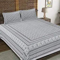 JAIPUR PRINTS 100% Cotton Sanganeri Rajasthani Jaipuri Traditional Bedsheet For Double Bed Cotton King Size Bedsheet With 2 Pillow Covers. King Size 79, 220 Tc, Grey-picture-14