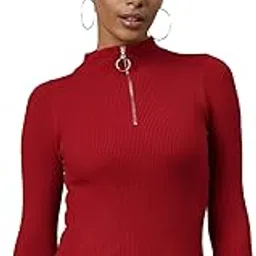 SHOWOFF Women's Long Sleeves Solid High Neck Red Fitted Top-NG-7009-02_Red-picture-10