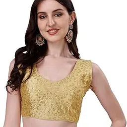 sumaira tex Women's Phantom Silk Golden Sequins Zari Embroidery Pann Neck Sleeveless Blouse-picture-25