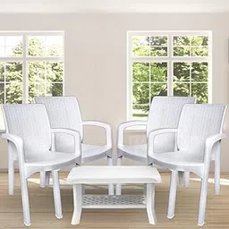 ITALICA Luxury Plastic Chair & Table Set for Home, Office/Glossy+Matte Finish Plastic Furniture Set/Suitable for Indoor & Outdoor (9402/9511, White, Set of 4 Chairs & 1 Table) image 1