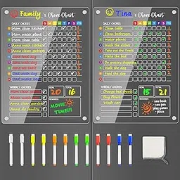 PigPotParty 2PCS Acrylic Magnetic Fridge Chore Chart for Multiple Kids 12" x 16" Clear Dry Erase Board for Refrigerator with 12 Colorful Markers/Towel/Pen Holder-image-48
