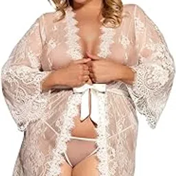 flaunt n fly Plus Size Intimate Long Sleeve White Eyelash Lace Short Sleepwear With Thong | Size : M-L-picture-45