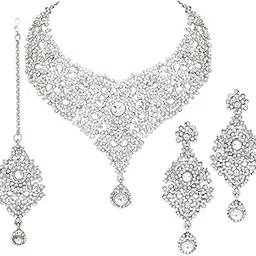 Gorgeous Alloy AD Diamond Necklace with Earrings and Maang Tikka | Jewellery Set for Women, Girls for Wedding, Festive, Party | Ideal Gift for Special Occasions-image-3