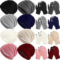 8 Sets Winter Glove and Hat Set Chunky Knit Beanie Hat Warm Touchscreen Gloves Soft Beanie Cap Texting Gloves for Women Men Indoor Outdoor Activities, 8 Colors, As Picture Shown, One Size-image-34