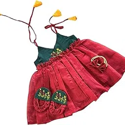 picksparrow Cotton Silk Baby Girl Floral Hand Embroidered Dress with Matching Head Band and Booties-picture-27