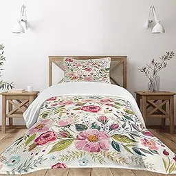 Lunarable Floral Bedspread, Shabby Form Flowers Roses Petals Dots Leaves Buds Spring Season Theme Image Artwork, Decorative Quilted 2 Piece Coverlet Set with Pillow Sham, Twin Size, Magenta-picture-38