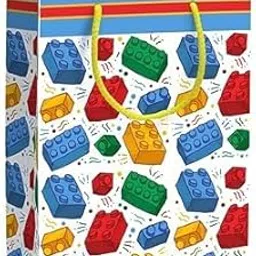 Pack Of 10 Blocks Theme Birthday Return Gift Paper Bags|Made In India|Blocks Theme Paper Carry Bag|Puzzle Block Print|Gifting Bags|Customize With Name-Message (9X6X2.8 Inches),Multi-image-0