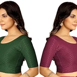 Fashionist Women's Stretchable Dobby Cotton Lycra Saree Blouse: Scoop Neck, Elbow Sleeve, Readymade - Ideal for Ladies & Girls, Comfortable and Catchy Design-picture-19