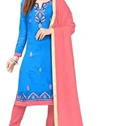 dhrym Women's Chanderi Cotton Semi-Stitched Salwar Suit 1 Top, 1 Bottom & 1 Dupatta | Blue Pink Color-picture-47