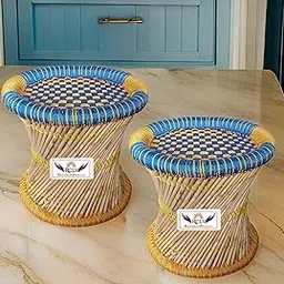 RCLV Ecofriendly Handicraft Cane Bar Stool Mudda Chair for Indoor/Outdoor Multicolor Set of-2 (Blue Orange)-picture-22