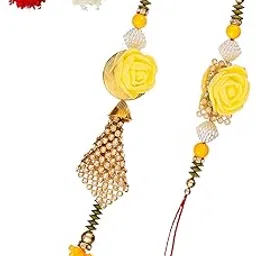 iinfinize Premium Bhai Bhabhi Rakhi Set | Latest Lumba Rakhi for Brother Sister in Law | Raksha Bandhan Yellow Floral Designer Chuda Latkan Rakhis Set-picture-29