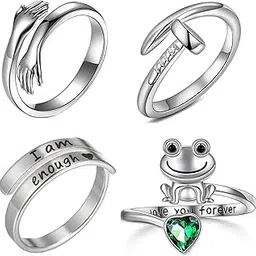 fashion frill Delicate Hug Silver Ring For Women Crystal I AM Enough Love Adjustable Finger Rings For Women Girls Love Gifts Women's Jewellery Rings Combo-picture-53