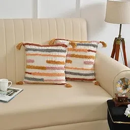 Decorative Tufted Cushion Cover Boho Home Decor 30 x 30 cm, Multicolour Striped Pattern with Tassels, Cotton Striped Cushion Covers for Living Room Couch Bed Sofa-picture-65