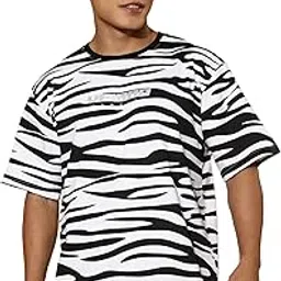 veirdo Men's Pure Cotton Oversize Baggy Fit Half Sleeves Cool & Stylish All Over Animal Printed White & Black T-Shirt-picture-40