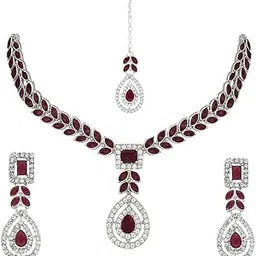 i jewels Silver Plated Elegant Leaf Motif Necklace Set with Earrings & Maang Tika for Women-picture-23