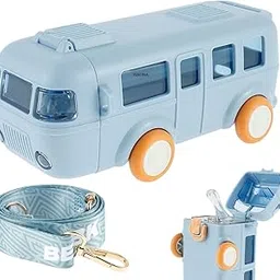 ADIVAN Bus Bottle For Kids With Strap, Sipper, & Straw | Leakproof, Bpa Free With Lock, 500 Ml | Tritan Water Bottle For School Kids | Cute Bus Shaped Water Bottle For Girls & Boys- (BLUE BUS) image 1