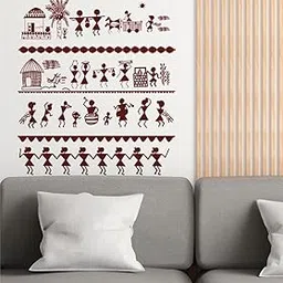 Rawpockets Brown Warli Art Tribal Village Scene for Living Room, Bedroom & Home Decor Self Adhesive Wall Sticker-picture-22