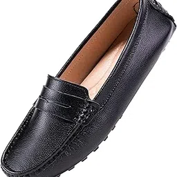 Women's Black Penny Loafers Genuine Leather Driving Moccasins Casual Slip on Shoes Size 10.5 BES-2207HEI105-image-0